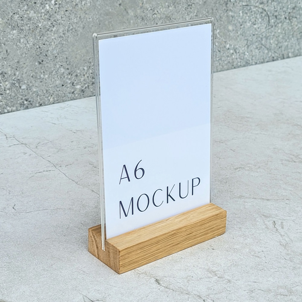 A6-Menühalter aus Eiche mit Acrylhalter 105×40×20 mm, Nut 3,5×15 mm, Hartwachs